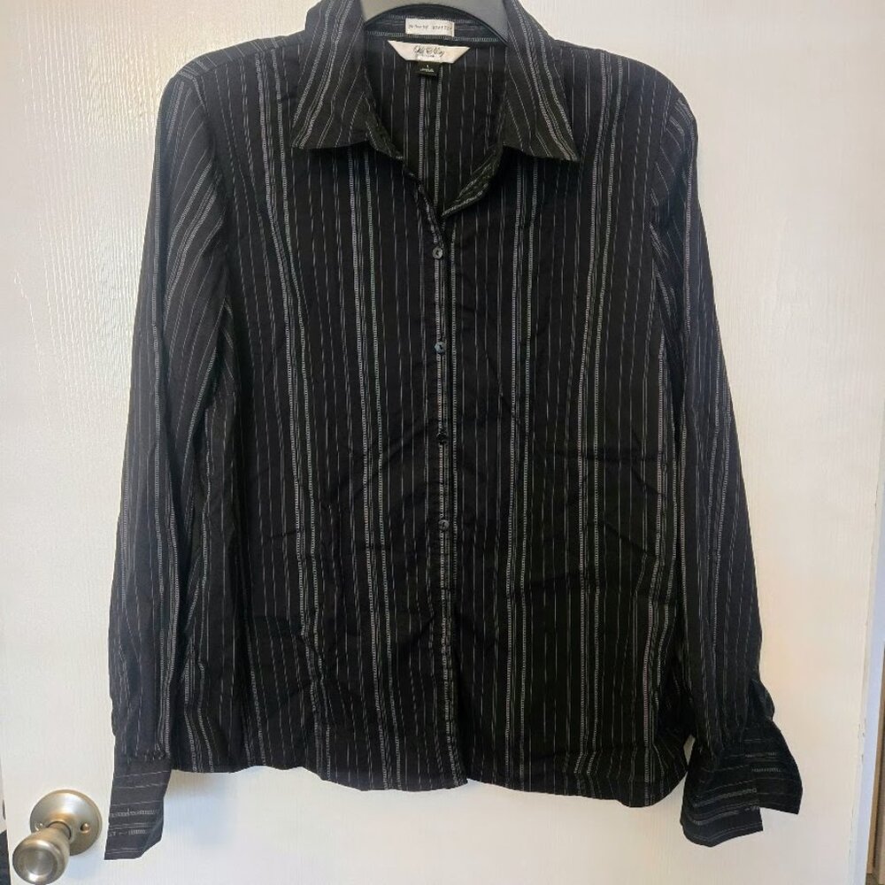 Old‎ Navy black pinstripe L/S fitted blouse top Size L